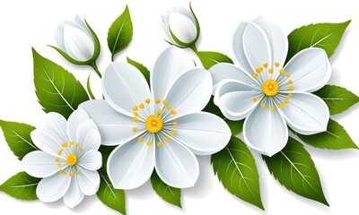 Fototapeta premium Elegant white flowers and green leaves arrangement on a bright background