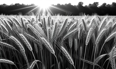 Sunlit wheat field at dawn with dramatic sunburst