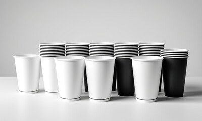 Monochrome disposable cups aligned in rows against minimalist gray background