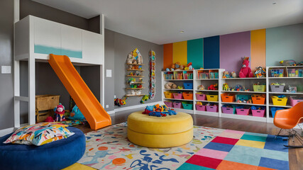 Kids&rsquo; playroom with colorful storage and playful designs.
