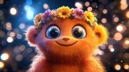 Cute Fluffy Monkey with Flower Crown, Sparkling Background