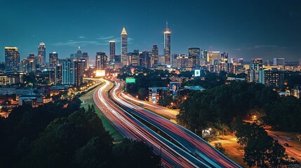 Vibrant Night Skyline of Atlanta with Traffic Light Trails