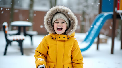 Joyful child in yellow winter coat playing in the snow.