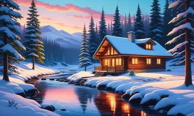 Fototapeta premium Cozy winter cabin by a tranquil stream amidst snowcovered pines at sunset