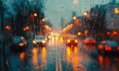 Naklejka premium Blurry background of bokeh lights, rainy day soft focus cityscape in teal orange colors, Generative AI