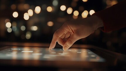 hand interacting with touchscreen interface in modern setting, illuminated by soft bokeh lights, showcasing technology and innovation