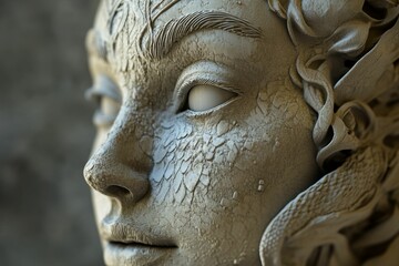 Textured stone sculpture, female face, nature motifs.