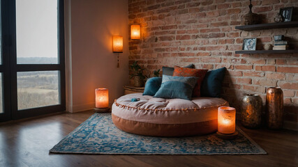 Meditation corner with floor cushions and Himalayan salt lamps