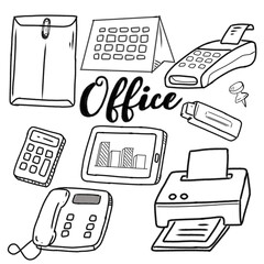 Hand-Drawn Office Supplies Featuring Calculator, Printer, and Desk Accessories