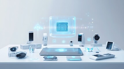 Cutting-Edge 3D Network Hologram Above Desk with IoT Devices on Plain White Canvas