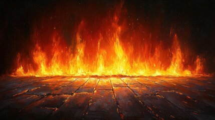 Flames Dancing on Rustic Wooden Floor with Warm Glow for Product Display