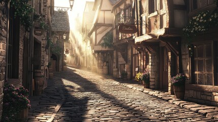 Fototapeta premium Serene Cobbled Street in Historic Village at Sunrise with Soft Light