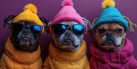 Stylized Dogs in Colorful Retro Outfits with Sunglasses and Party Hats