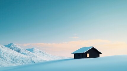 Fototapeta premium Lone cabin on a snowy hillside under a serene winter sky, steady and unmoving, patience, waiting, stability