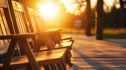 Row of empty chairs along a sunlit veranda, waiting quietly for their moment, patience, waiting, stability