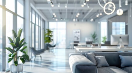 Fototapeta premium Beautiful blurred background of a light modern office interior with panoramic windows and beautiful lighting.