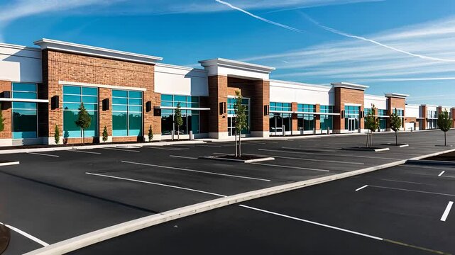 Modern Commercial Retail Complex with Large Parking Lot and Clear Blue Sky


