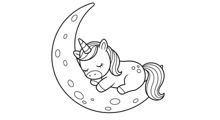 Cute sleeping unicorn on a moon coloring page.  Fantasy animal.