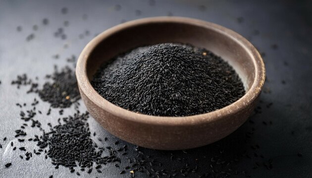 bowl of black cumin seeds on a dark surface with scattered seeds nearby