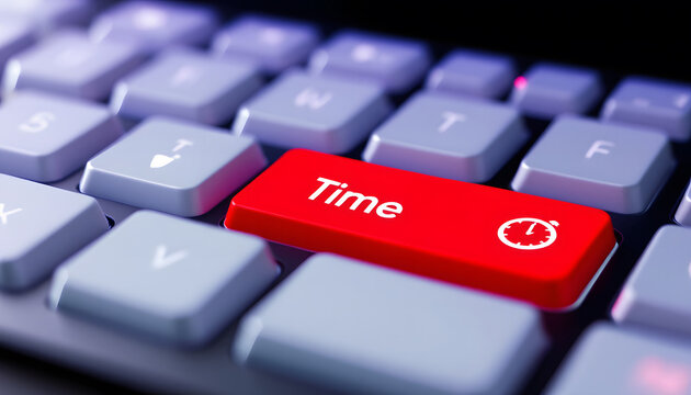 Time Key on Keyboard, Time Management, Deadline Concept, Red Time Button, Clock Icon, Schedule, Deadline Symbol
