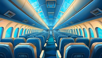 Fototapeta premium the inside of an airplane with blue seats and a blue ceiling generative ai image