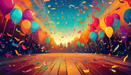 a colorful celebration scene with confetti falling from above great for party or event visuals