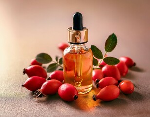 fresh rosehip berries with dropper of rosehip oil on soft background