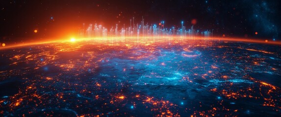 Visual representation of a glowing world map with vibrant colors showing continents and oceans