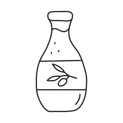 Doodle outline olive oil in glass bottle isolated on white background. Vegetable fats. Healthy nutrition concept.