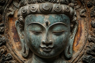 Serene stone Buddha face, detailed carving.
