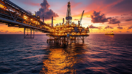Obraz premium Offshore oil rig illuminated by sunset, reflecting on ocean waves
