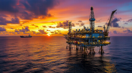 Obraz premium Offshore oil rig illuminated by stunning golden sunset over ocean, creating serene and dramatic atmosphere