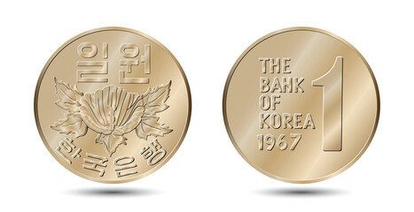 South Korea, 1 won, 1967. Reverse and obverse of South Korea one won coin. Vector illustration.
