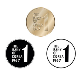 South Korea, 1 won, 1967. Reverse of South Korea one won coin. The coin is depicted in black and white. Vector illustration.