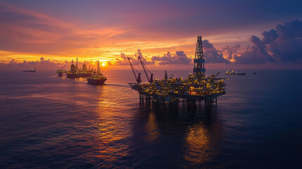 Naklejka premium Offshore oil rigs illuminated by stunning golden sunset over calm waters