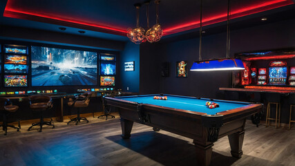 Game room featuring modern gaming setups and LED lights