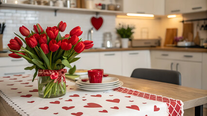 St Valentines Day themed border on kitchen table with Love heart and red tulips and blurred kitchen in the background