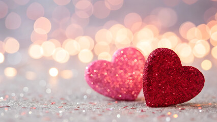 Fototapeta premium Sparkling pink and red hearts on luminous bokeh for Valentine's Day.