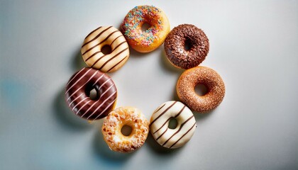 Obraz premium delicious assorted donuts arranged in circular pattern on light background