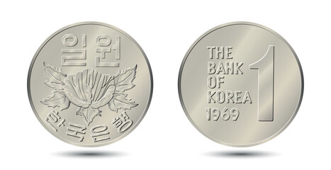 South Korea, 1 won, 1969. Reverse and obverse of South Korea one won coin. Vector illustration.