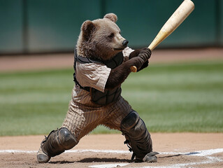 Bear in uniform swinging a baseball bat on field