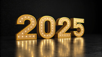 Illuminated golden 2025 numbers on a reflective floor with a dark background, symbolizing luxury and celebration. Perfect for New Year events, party decor, and festive marketing campaigns.