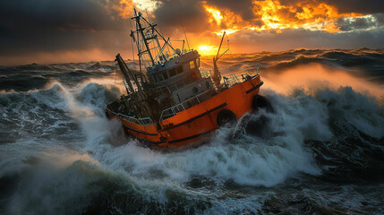 Struggling fishing boat battles turbulent seas at sunset, showcasing nature power and drama