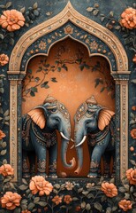 Fototapeta premium Mughal Elephants in Decorative Archway with Lush Garden Background