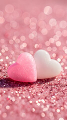 Obraz premium Two pink and white hearts laying on sparkling pink surface for valentines day