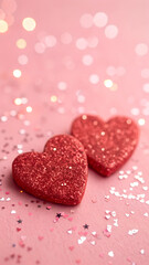 Obraz premium Two hearts shaped like a couple of hearts on a pink background with glitters and boke of light.