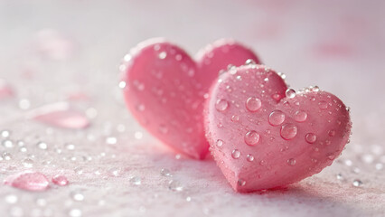 Obraz premium Two pink hearts with water drops on a pastel inspired background.