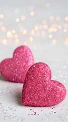 Obraz premium Two pink hearts with nice glittery texture details on empty background. Valentine?s day imagery with shiny glitter bokeh effect