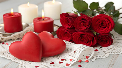Two red hearts and roses in valentines day decor.Valentine's Day. holiday. wedding. engagement.