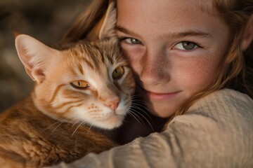 Young girl embracing a ginger tabby cat with affection
